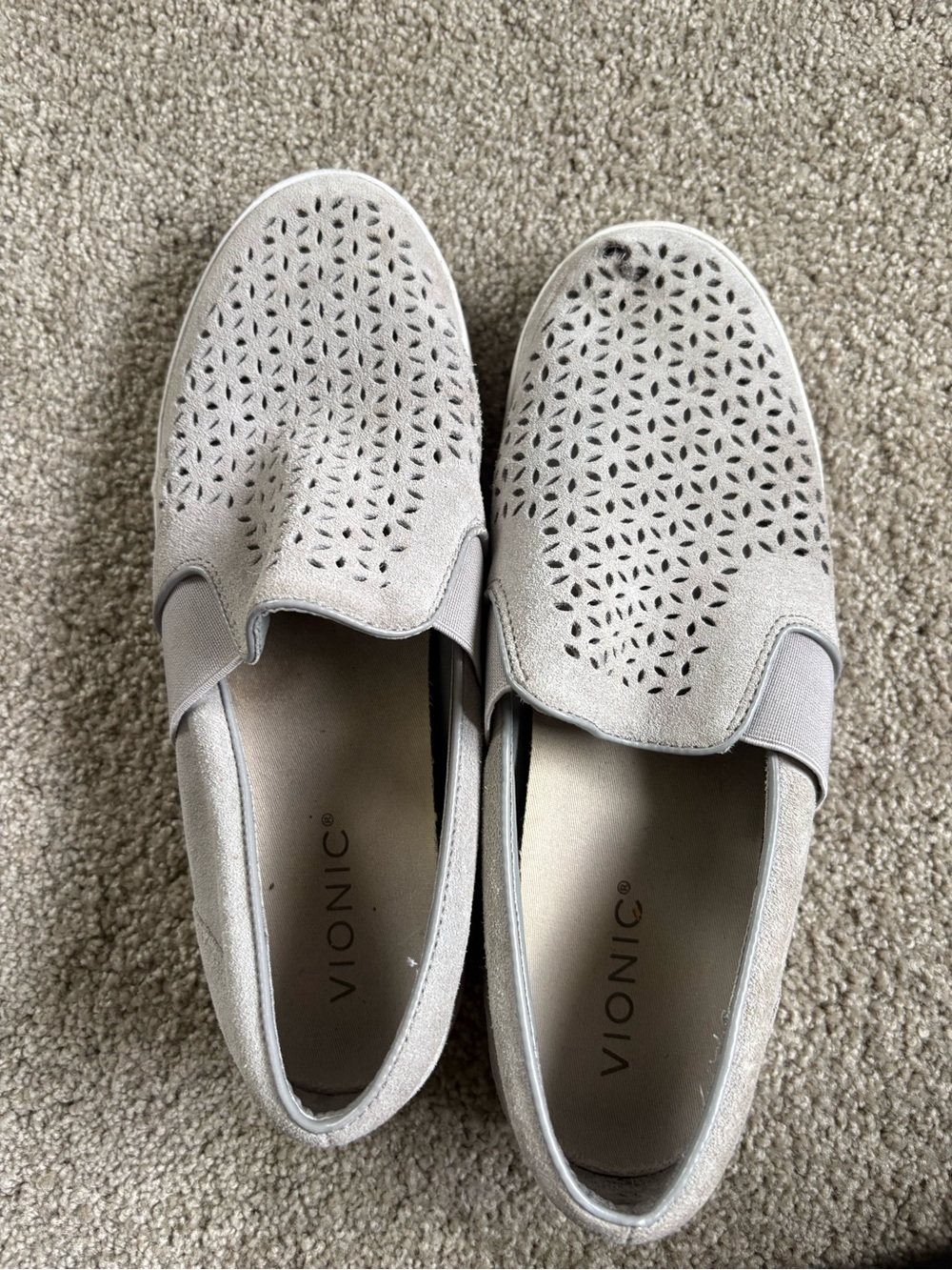 Vionic Slip-On Perforated Suede Loafers in Light Gray